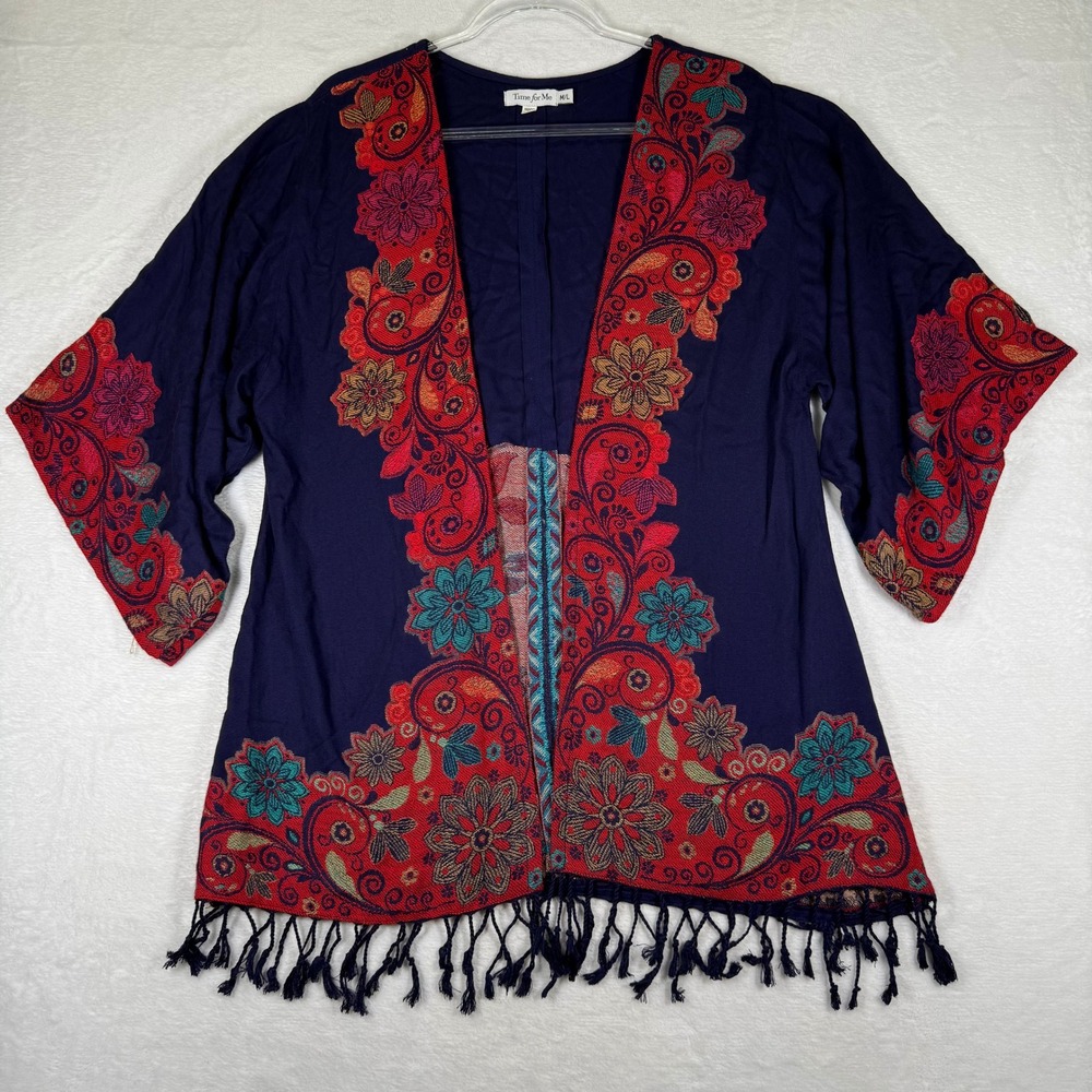 Time for Me Navy Blue Floral Embroidered Fringe Kimono Cardigan M/L 097031